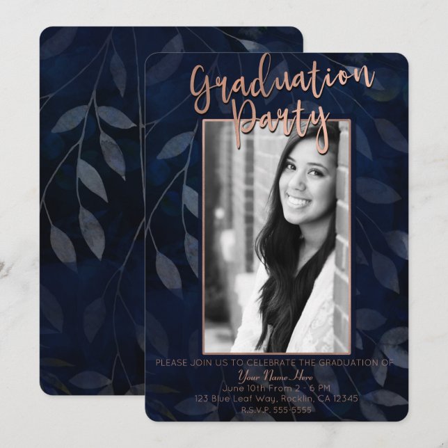 Invitación Hojas Botánicas de Azul Oscuro Fiesta de Graduació (Anverso / Reverso)