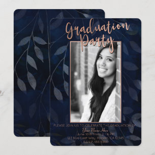 Invitación Hojas Botánicas de Azul Oscuro Fiesta de Graduació