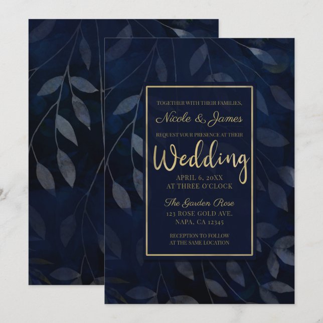 Invitación Hojas Botánicas de Azul Oscuro Moderno Chic Boda (Anverso / Reverso)