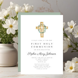 Invitación Hojas Botánicas Elegantes Cruz Primera Comunión
