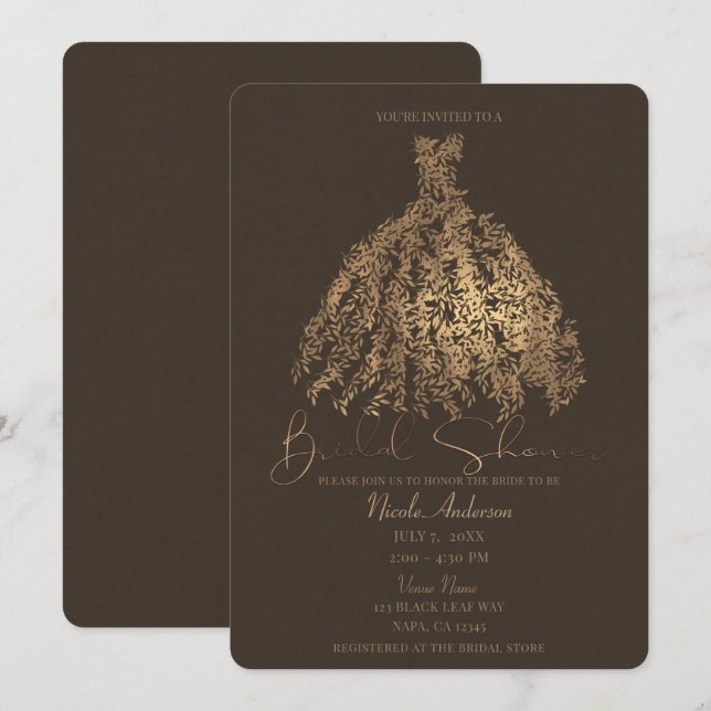 Invitación Hojas Botánicas Marrones de Bronce Vestido Ducha d (Anverso / Reverso)