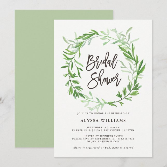 Invitación Hojas Botánicas Verdes Wreath Bridal Shower (Anverso / Reverso)