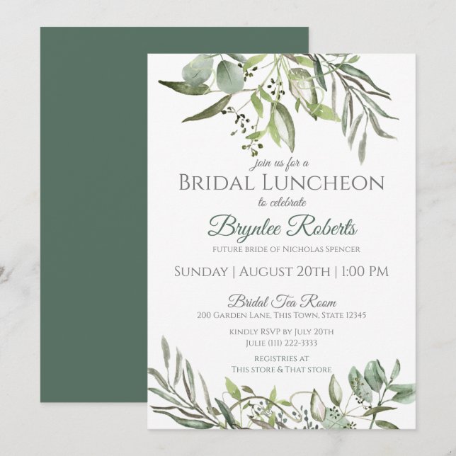 Invitación Hojas botánicas y verde almuerzo de novia (Anverso / Reverso)