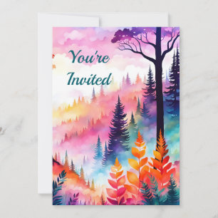 Invitación Hojas coloridas y árboles del bosque en la montaña