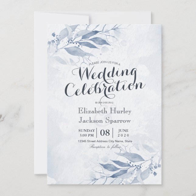 Invitación Hojas de Acuarela Azul Flores Botánicas Boda (Anverso)