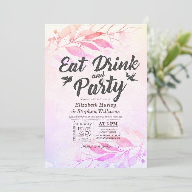Invitación Hojas de acuarela moradas COMER Beber y Fiesta Bod (Anverso de pie)