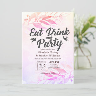 Invitación Hojas de acuarela moradas COMER Beber y Fiesta Bod