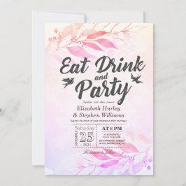 Invitación Hojas de acuarela moradas Comer Beber y Fiesta de 