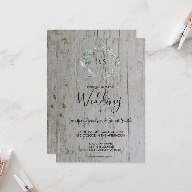Invitación Hojas de acuarela rusas en Boda monograma de mader (Anverso/Reverso In Situ)