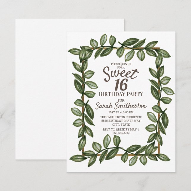 Invitación Hojas de acuarela verde, oro blanco, dulces 16 (Anverso / Reverso)