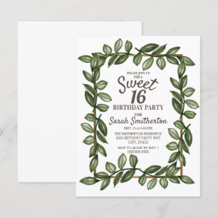 Invitación Hojas de acuarela verde, oro blanco, dulces 16
