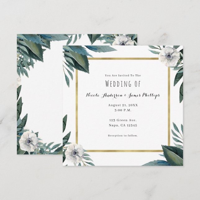 Invitación Hojas de Anémona Verde Floral & Dorado Rústico Bod (Anverso / Reverso)