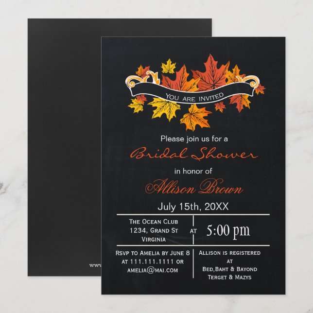 Invitación hojas de arce de pizarra caen ducha de novia (Anverso / Reverso)