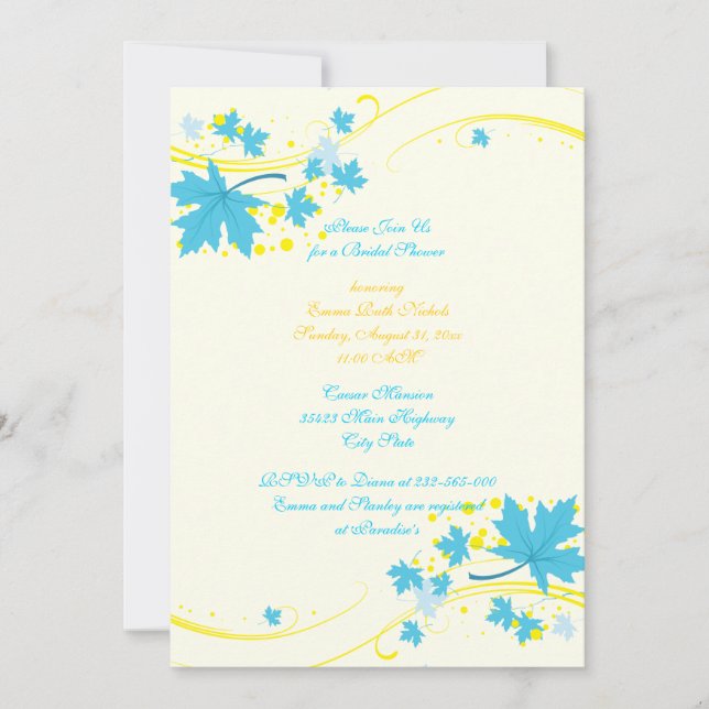 Invitación Hojas de arce ducha de novia amarillo turquesa (Anverso)