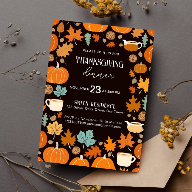 Invitación Hojas de arce estilo retro de Acción de Gracias (Thanksgiving dinner party template invitation instant download retro style pumpkins fall leaves cups)