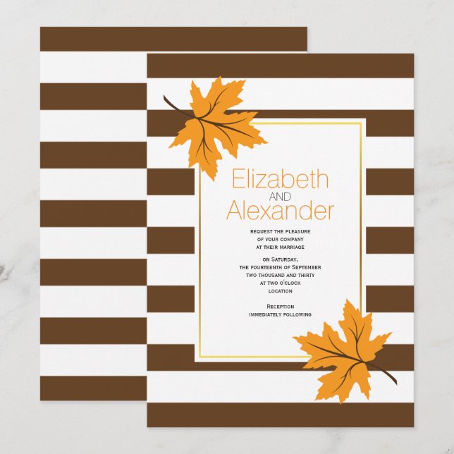Invitación hojas de arce naranja y casamiento de rayas marron (Anverso / Reverso)