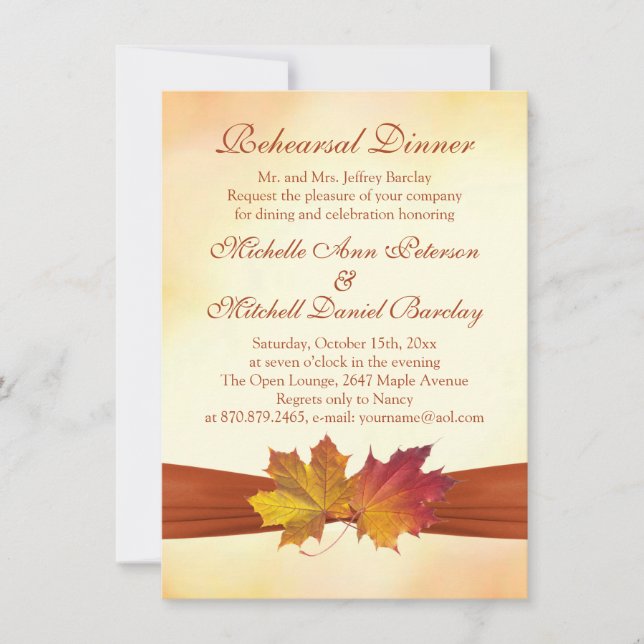 Invitación Hojas de arce otoñales rojas y doradas Cena ensayo (Anverso)