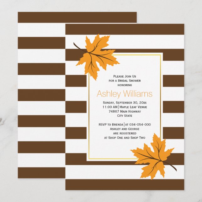 Invitación Hojas de arce, rayas de otoño boda ducha de novia (Anverso / Reverso)