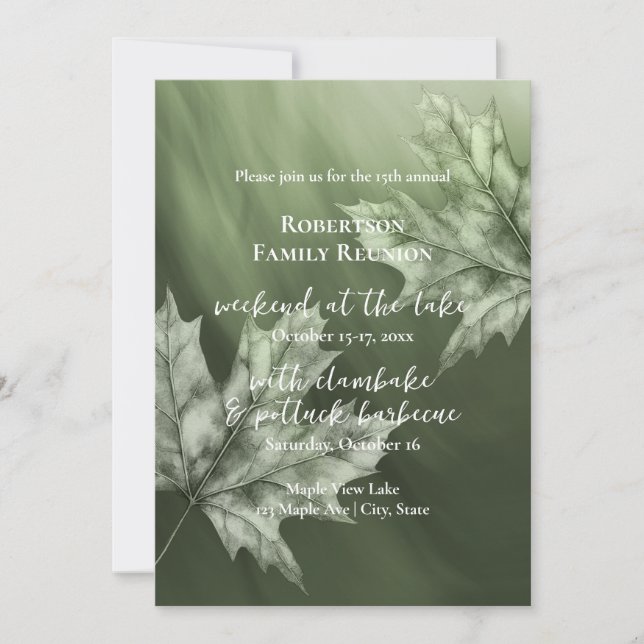 Invitación hojas de arce verde musgo caen reunión familiar (Anverso)