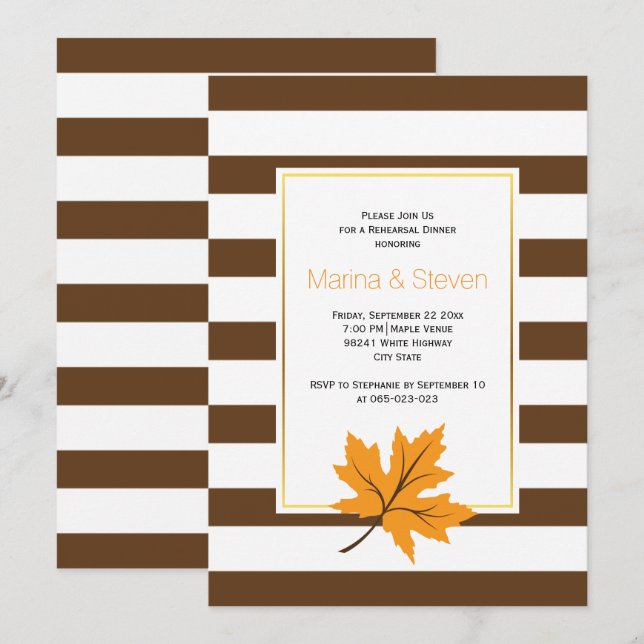 Invitación Hojas de arce y rayas boda para la cena (Anverso / Reverso)