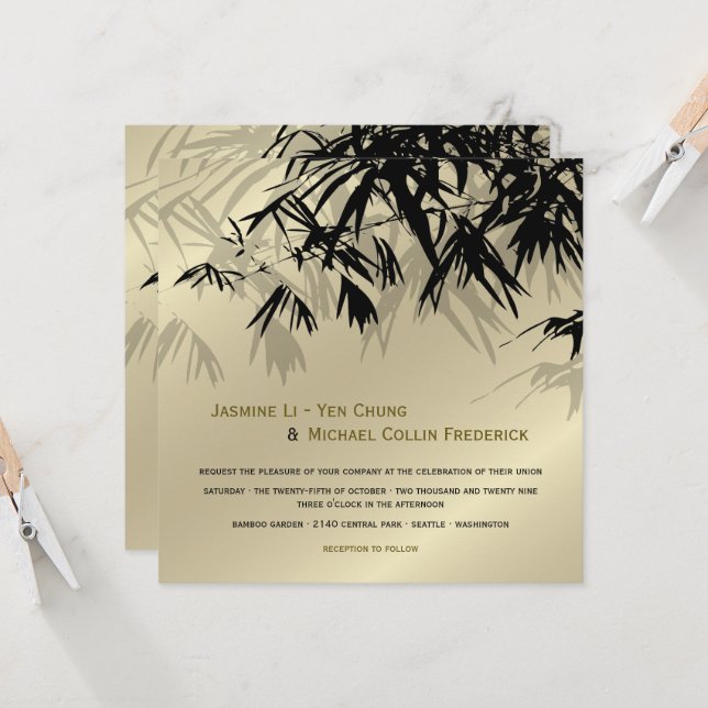 Invitación Hojas de bambú oriental negro oro boda asiática (Anverso/Reverso In Situ)