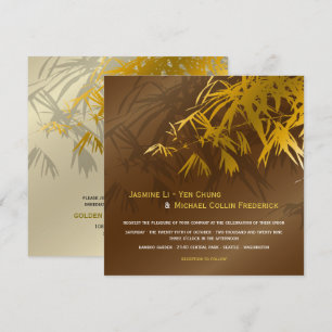 Invitación Hojas de bambú Zen doradas y marrones Chic Boda as