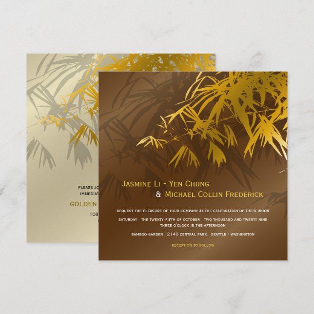 Invitación Hojas de bambú Zen doradas y marrones Chic Boda as (Anverso / Reverso)