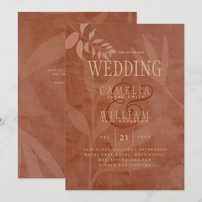 Invitación Hojas de boda de otoño doradas de terracota modern (Anverso / Reverso)