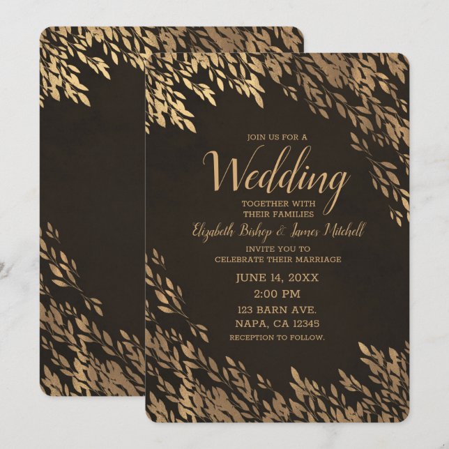 Invitación Hojas de Bronce Dorado Marrón Chic Rústico Boda (Anverso / Reverso)