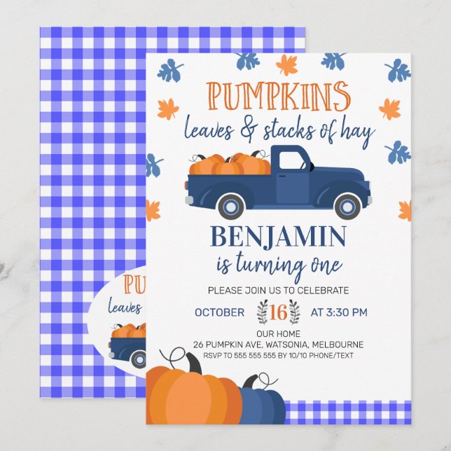 Invitación Hojas De Calabaza Azul De Calabaza Y Cumpleaños (Anverso / Reverso)