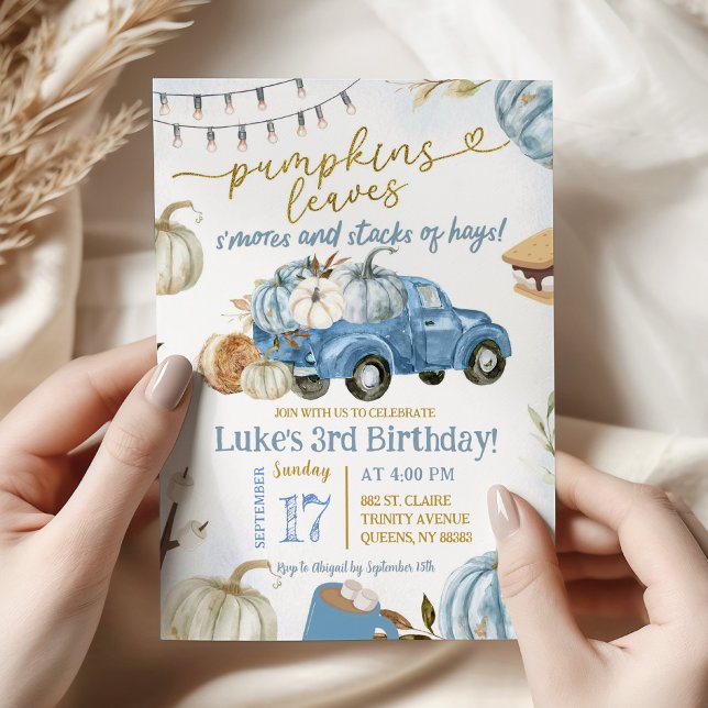 Invitación Hojas de calabaza azules y niño de cumpleaños S'mo (Subido por el creador)