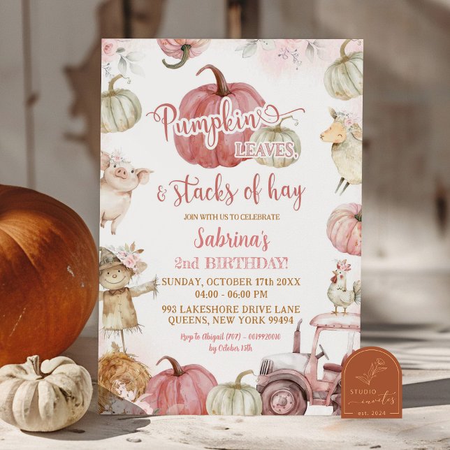 Invitación Hojas de calabaza rosa y pilas de Hay Cumpleaños (Subido por el creador)