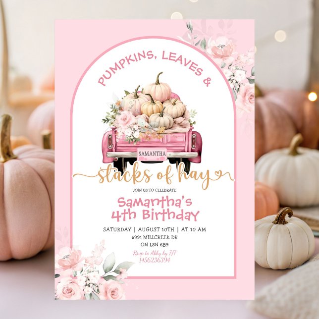 Invitación Hojas de calabaza rosa y pilas de heno cumpleaños (Subido por el creador)