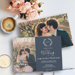 Invitación Hojas de color de agua monograma foto Boda azul ma<br><div class="desc">Elegante acuarela monogramada botánica, azul marino, invitación a la boda con sus propias fotos. Para la primavera, el verano, el otoño o la boda de invierno. Diseño acuático de rama de olivo verde en tarjeta blanca. Puedes añadir fácilmente tus propias fotos para hacerlo muy personal y único, y añadir tu...</div>