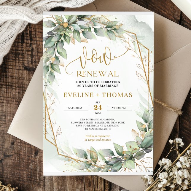 Invitación Hojas de eucalipto acuarela y renovación de la pro (Watercolor eucalyptus leaves and gold vow renewal invitation template)