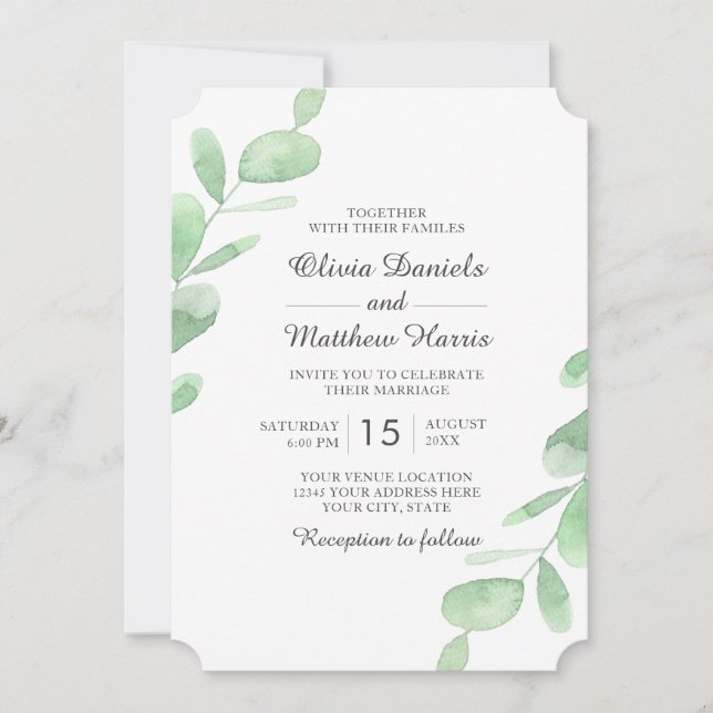 Invitación Hojas de eucalipto. Boda simple de Woodland (Anverso)