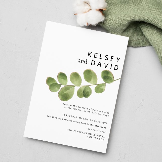 Invitación Hojas de eucalipto de oro verde simple boda (Simple green gold eucalyptus leaves wedding )