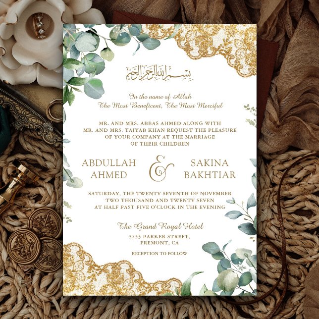 Invitación Hojas de eucalipto encaje dorado código QR boda mu (Subido por el creador)