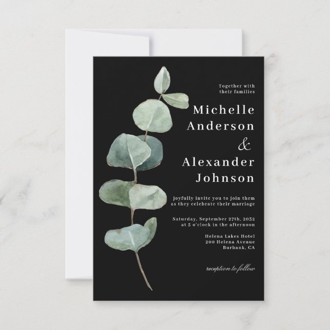 Invitación Hojas de eucalipto negras | Juntos Boda moderno (Anverso)