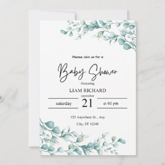 Invitación Hojas de eucalipto, tonos neutros, ducha de bebé