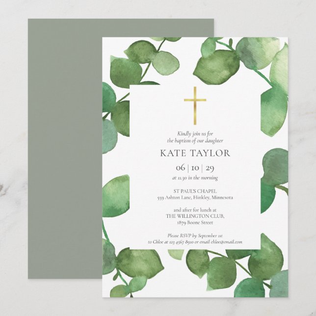 Invitación Hojas de eucalipto Verdes Bautizo (Anverso / Reverso)