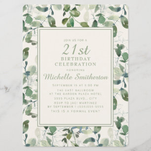 Invitación Hojas de eucalipto verdes elegantes Cumpleaños 21