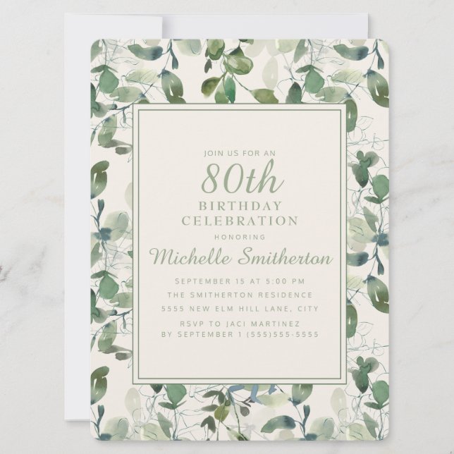 Invitación Hojas de eucalipto verdes elegantes Cumpleaños 80 (Anverso)