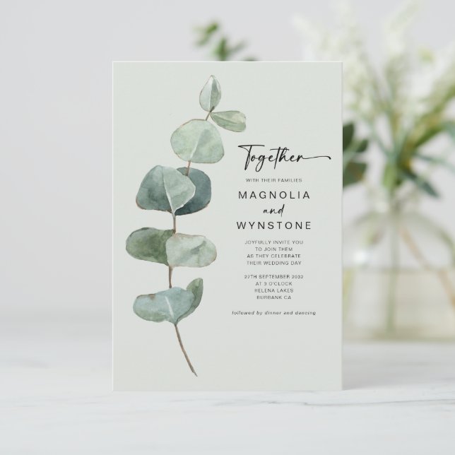 Invitación Hojas de Eucalyptus | Juntos Boda moderno (Anverso de pie)