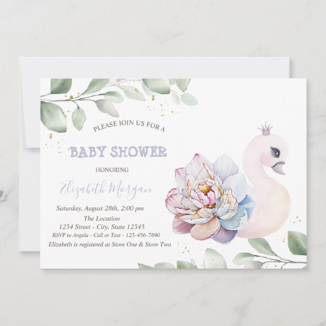 Invitación Hojas de flores de cisne bebé para baby shower (Anverso)
