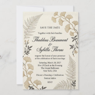 Invitación Hojas de Ginkgo, Frondas de Helecho, Borde de Líne