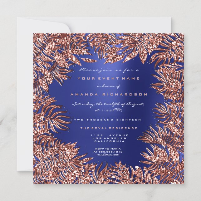 Invitación Hojas de helecho tropicales Rosa dorada azul cobre (Anverso)