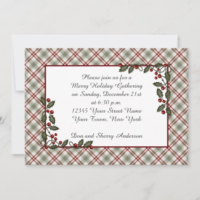 Invitación Hojas de Holly Berries, de color verde rojo (Anverso)