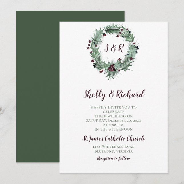 Invitación Hojas de Holly, Berries, Ferns Wreath Winter Weddi (Anverso / Reverso)