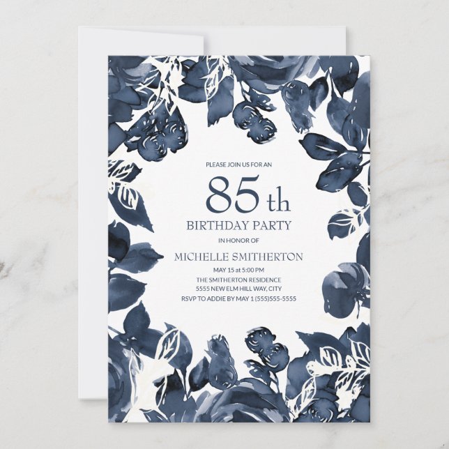 Invitación Hojas de Índigo Azul Marino Cumpleaños 85 (Anverso)